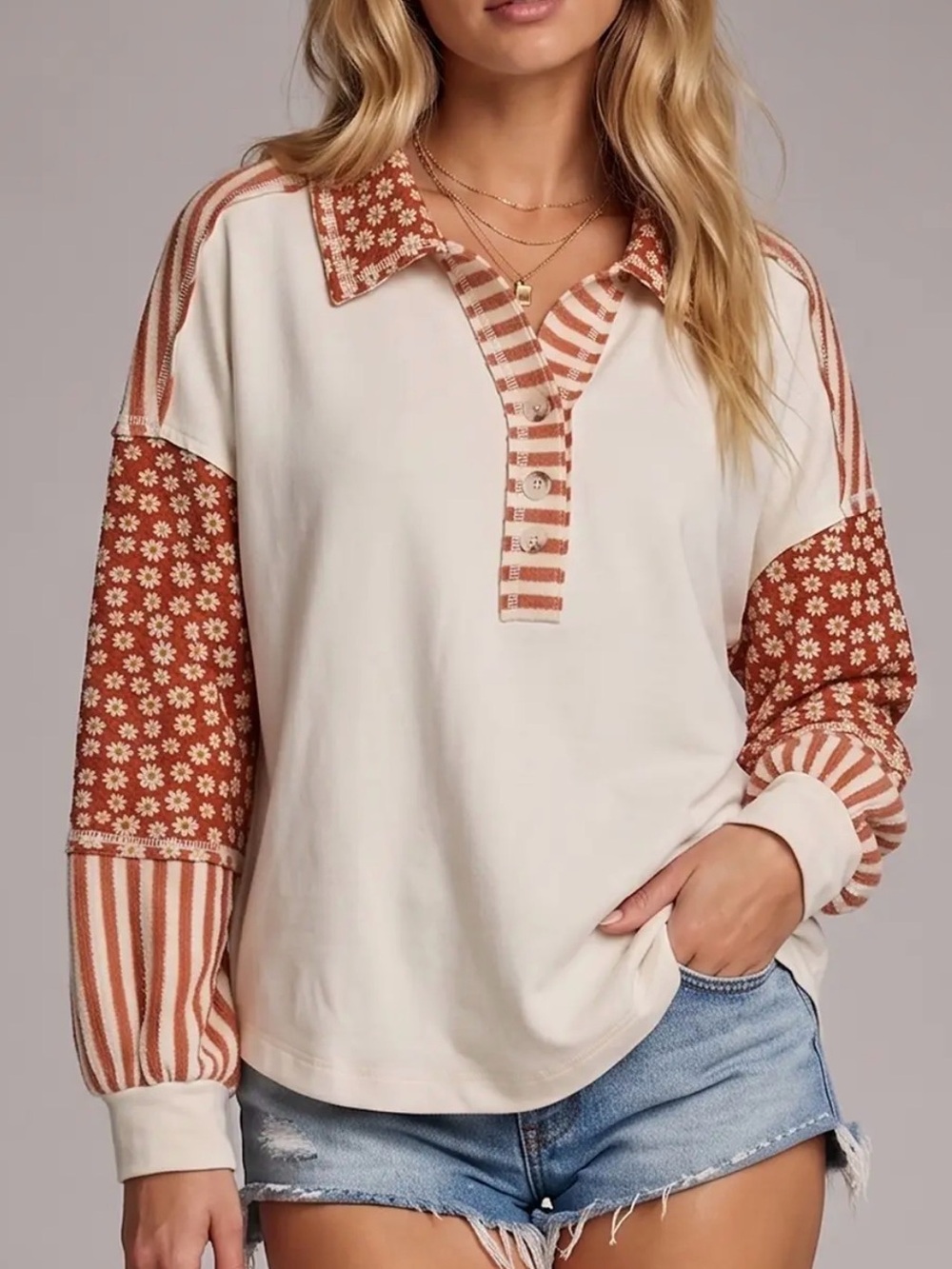Rust French terry floral sleeve contrast sweatshirt boho sweater Henley top
